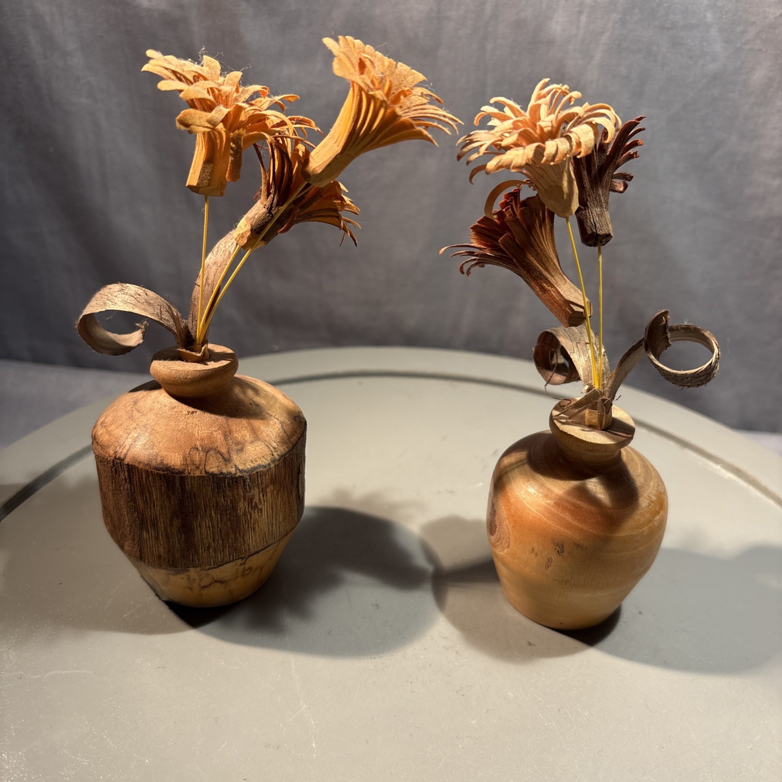 Set Of 2 ~ Wood Shaving Artificial Flowers in wood vase 6″ H Brown Orange Beige