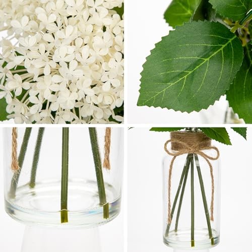 Artificial Hydrangea Flowers in Glass Vase with Faux Water, 13.8″ Fake White