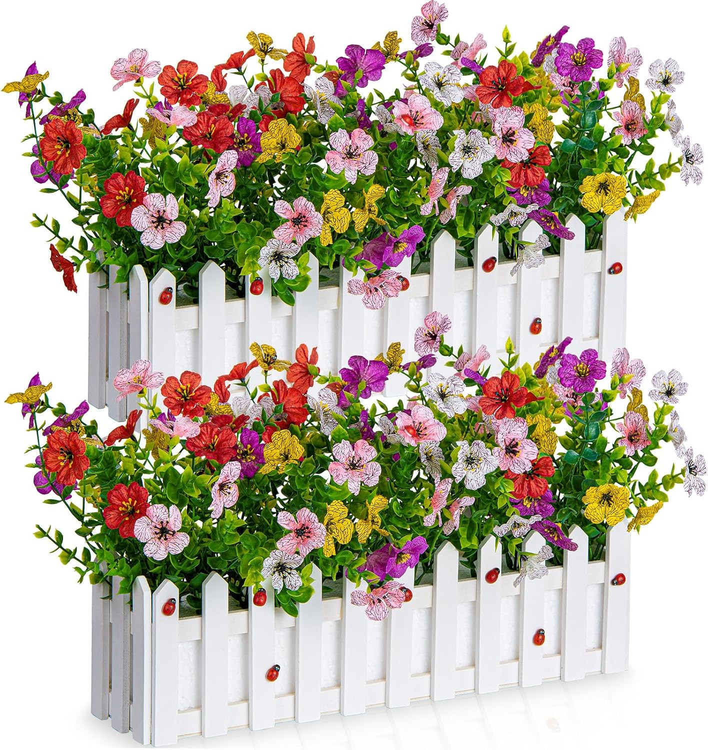 Colorful Artificial Flowers in Picket Fence Pot – Set of 2 for Home Decor