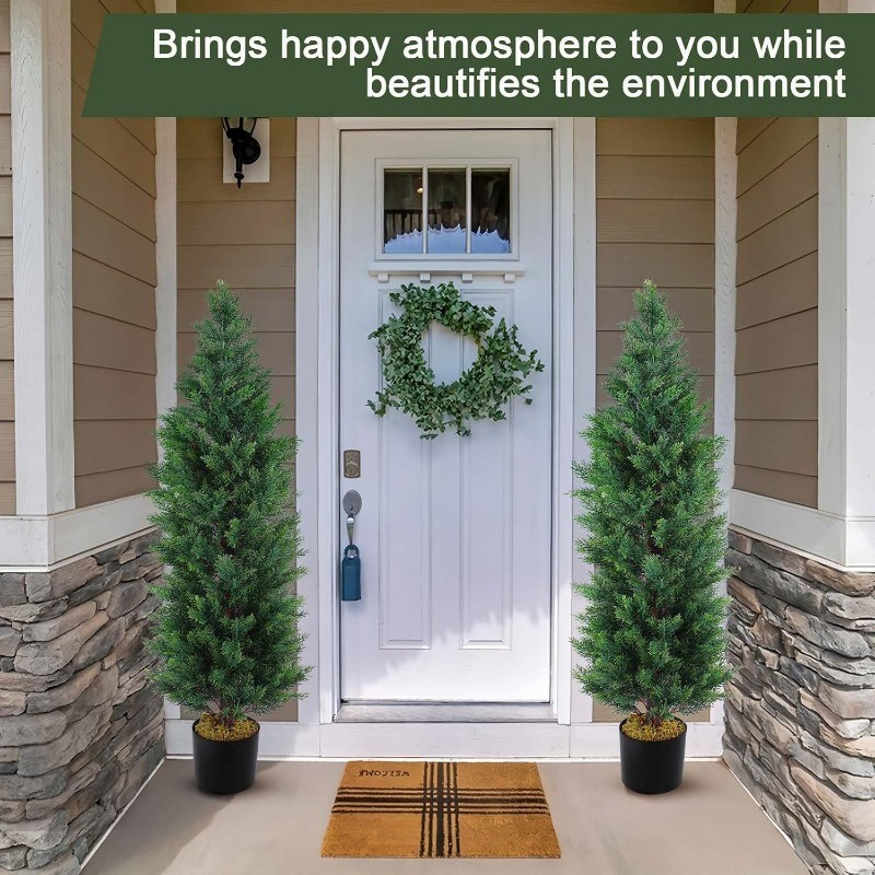 2 Pcs 4 Ft Artificial Topiary Cedar Trees, Outdoor Faux Pine Shrubs