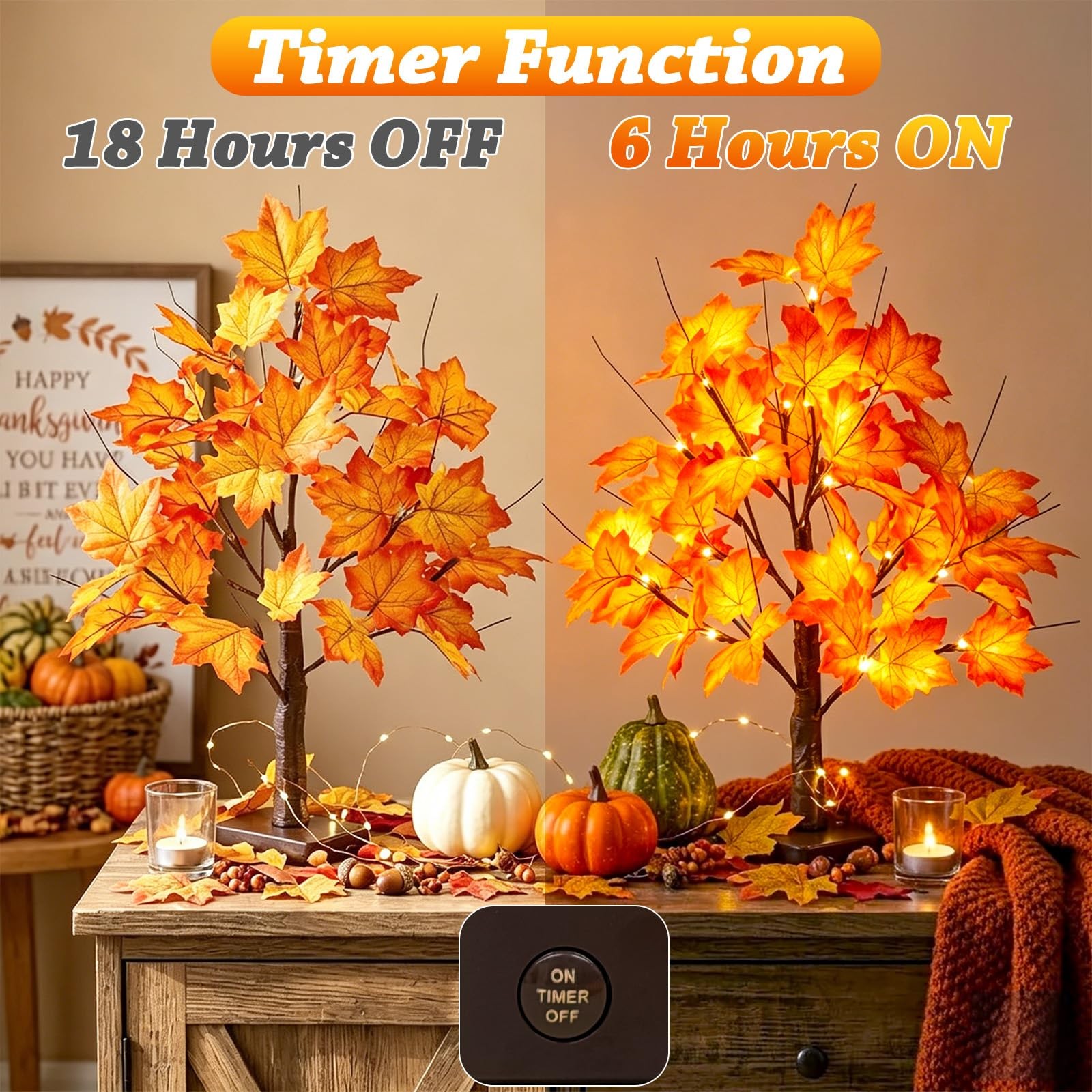 Fall Decorations Maple Tree with 24 LED Lights Tabletop Thanksgiving Gift 2 Pack