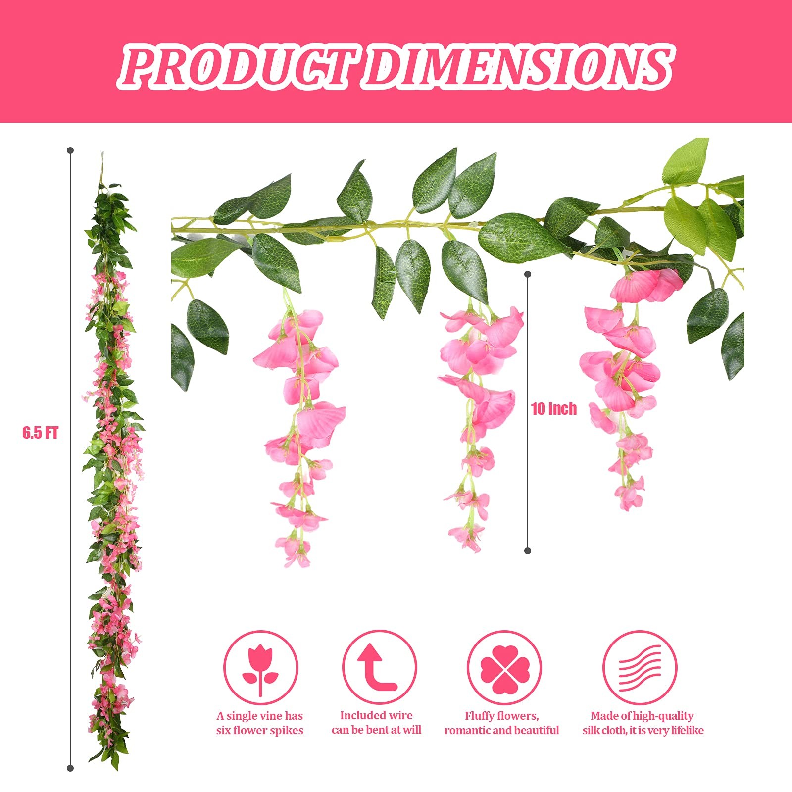4 Pieces 26 ft in Total Pink Wisteria Garland Hanging Flowers Artificial Vine…