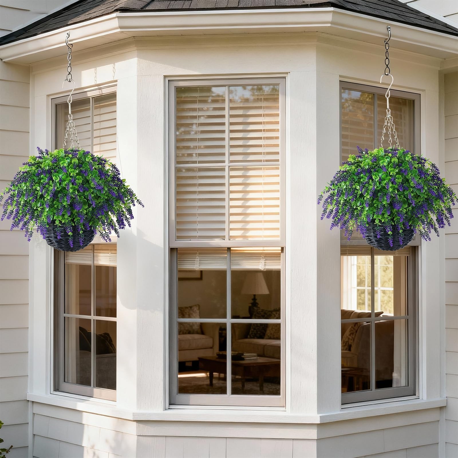 Artificial Lavender and Eucalyptus Leaves Hanging Basket – 2 Set for Outdoor …