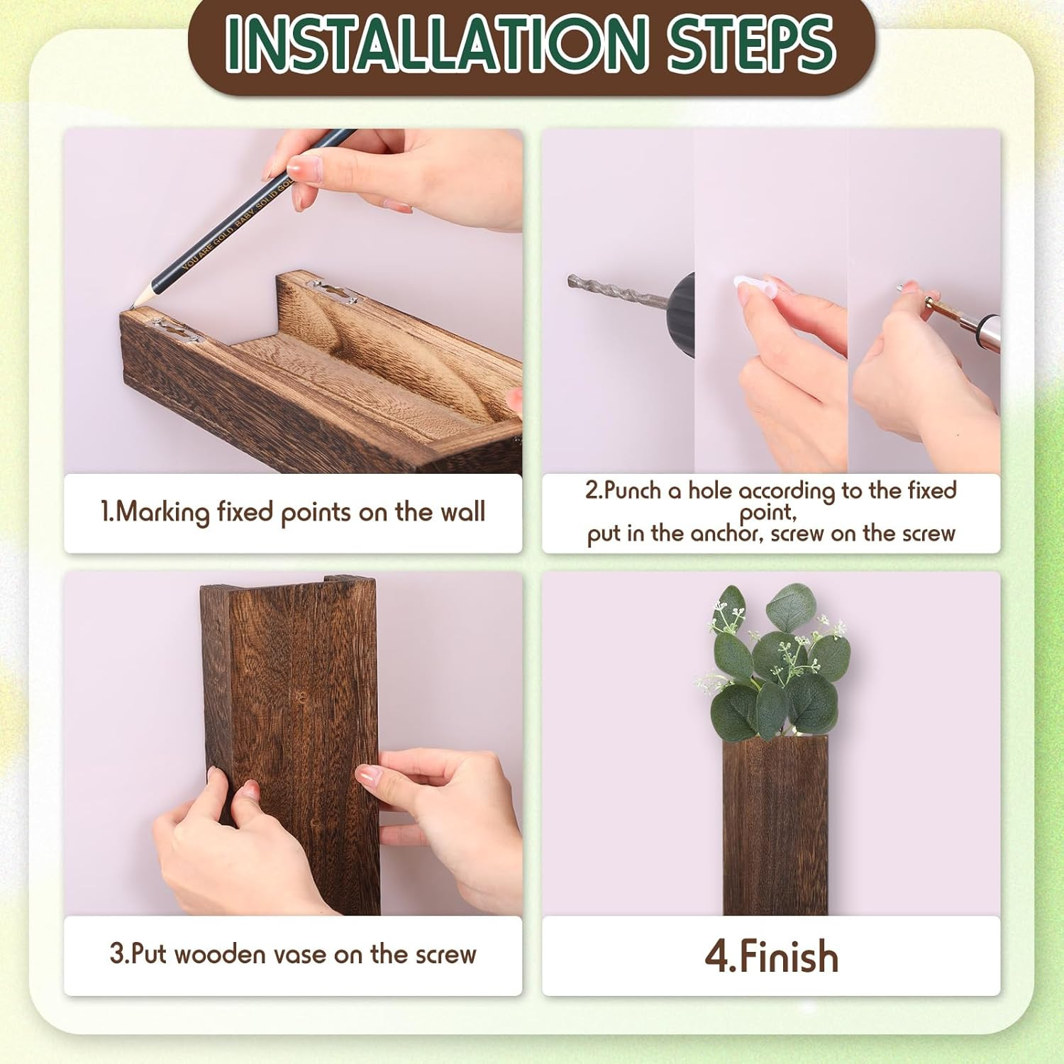 4 Pack Wood Wall Planter for Dried Flowers and Artificial Greenery Indoor Plants