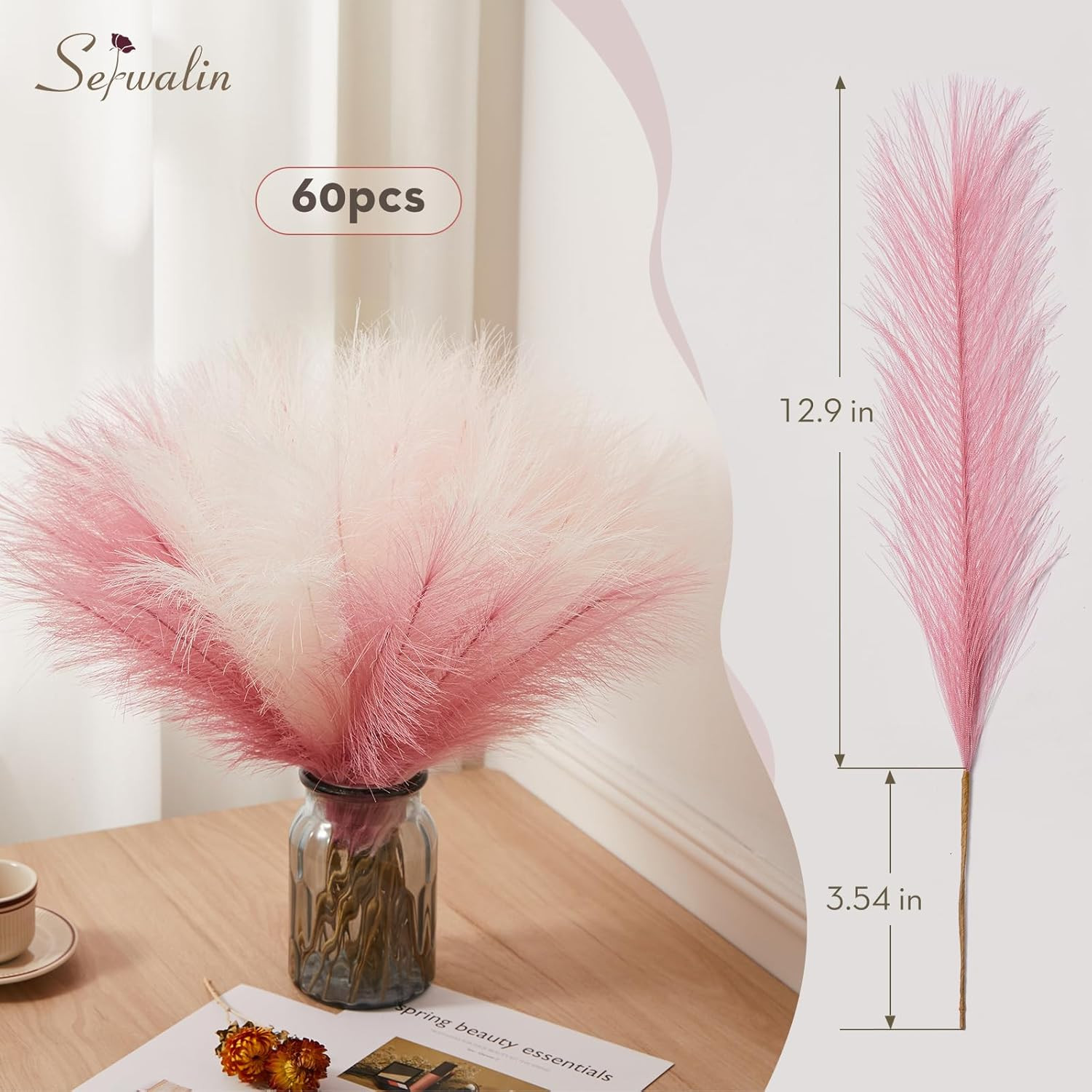 60PCS 17.7″ Pink Pampas Grass Boho Feathers Decor for Home Decor | Artificial Fa