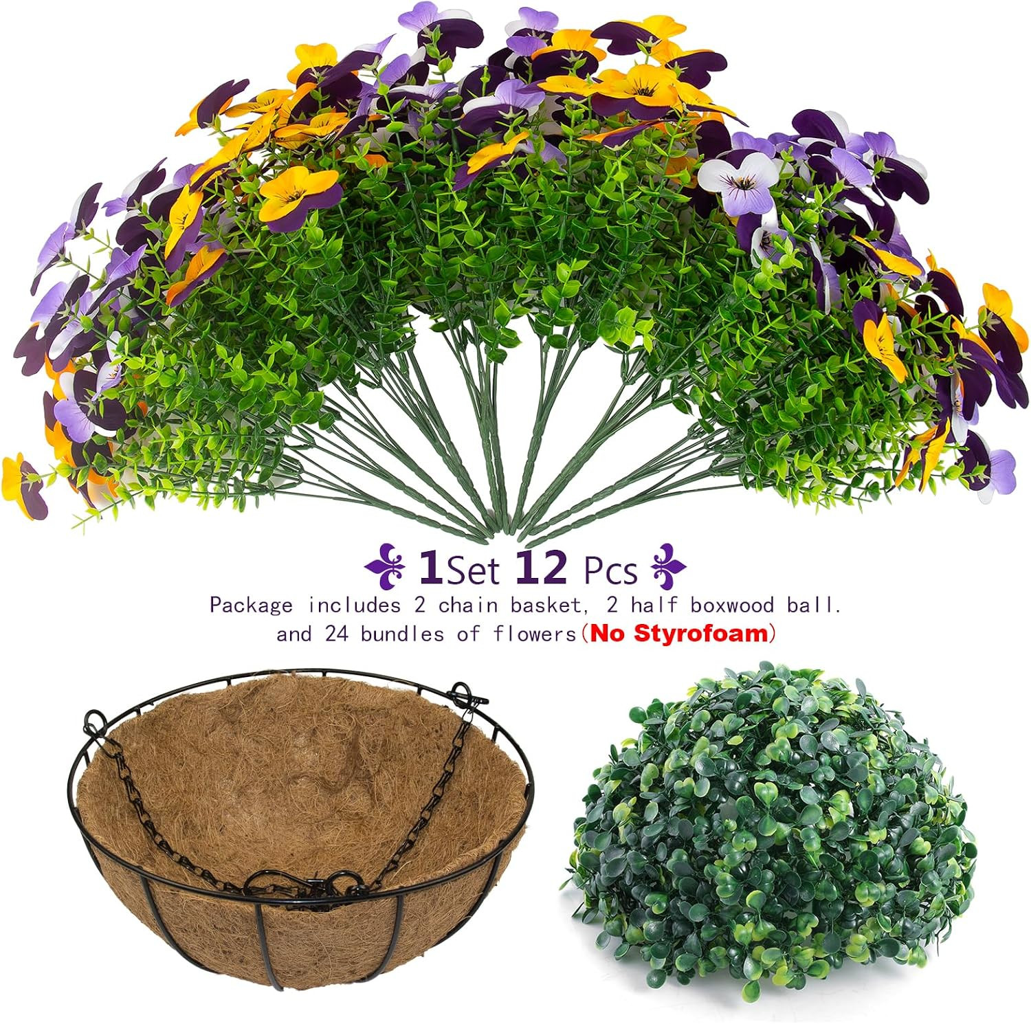 2 Set Artificial Outdoor Pansy Flowers with Hanging Baskets, 2 Hanging Baskets w