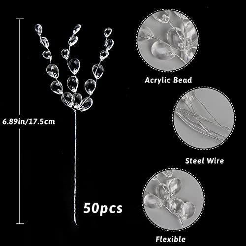 50pcs Acrylic Bead Drop Stems – Flower Bouquet Branches for Wedding & Home Decor