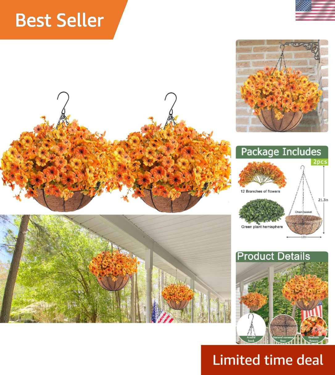 2pcs UV Resistant Artificial Fall Mums Hanging Basket for Vibrant Outdoor Decor
