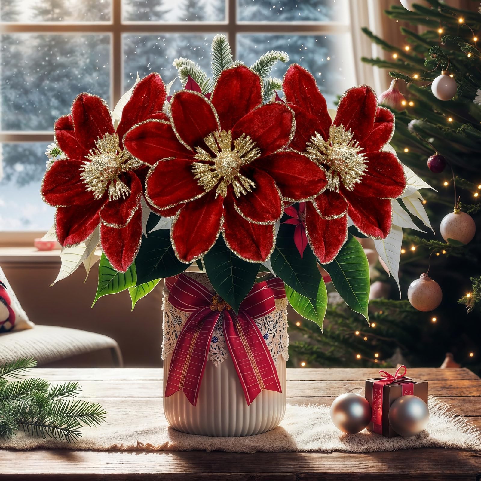 18 PCS 5.9 Inch Christmas Magnolia Flower Artificial Glitter Velvet Wine Red