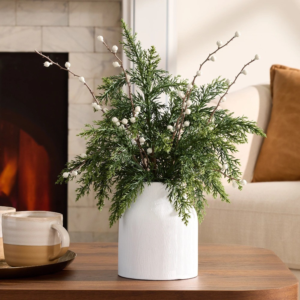 16″ Artificial Cypress & Berries Arrangement in Ribbed Ceramic Vase