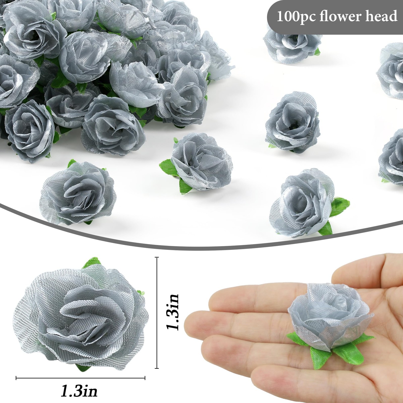 100 PCS 1.3in Mini Silver Rose Head Artificial Silk Flowers Wedding Decor