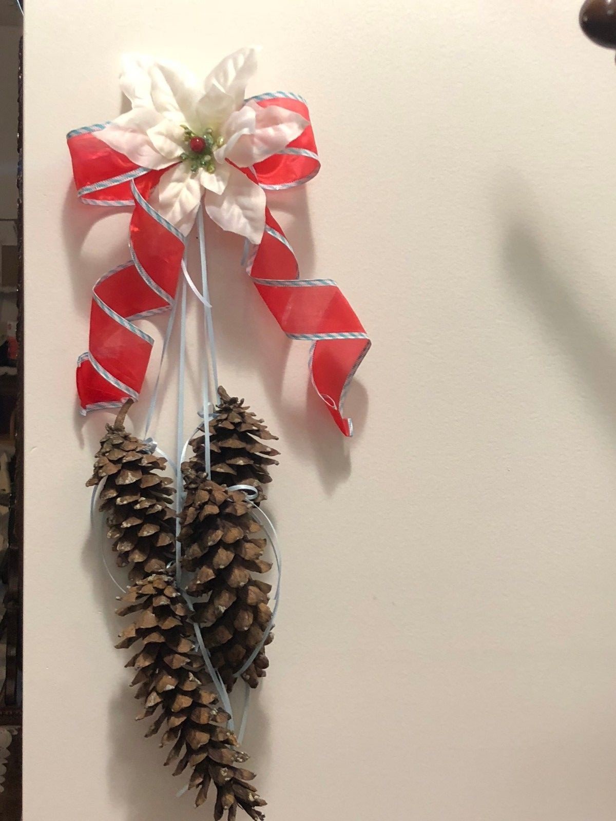 * Christmas Pinecone Tear Drop Door Swag Wreath White Poinsettia Red bow