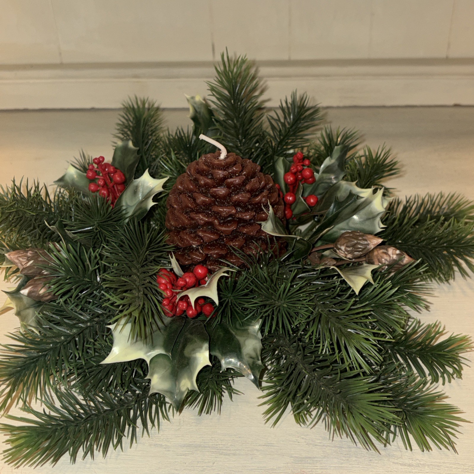 12 ” HOLLY &PINE CANDLE RING center 4.5 opening0 HOLIDAY DECOR