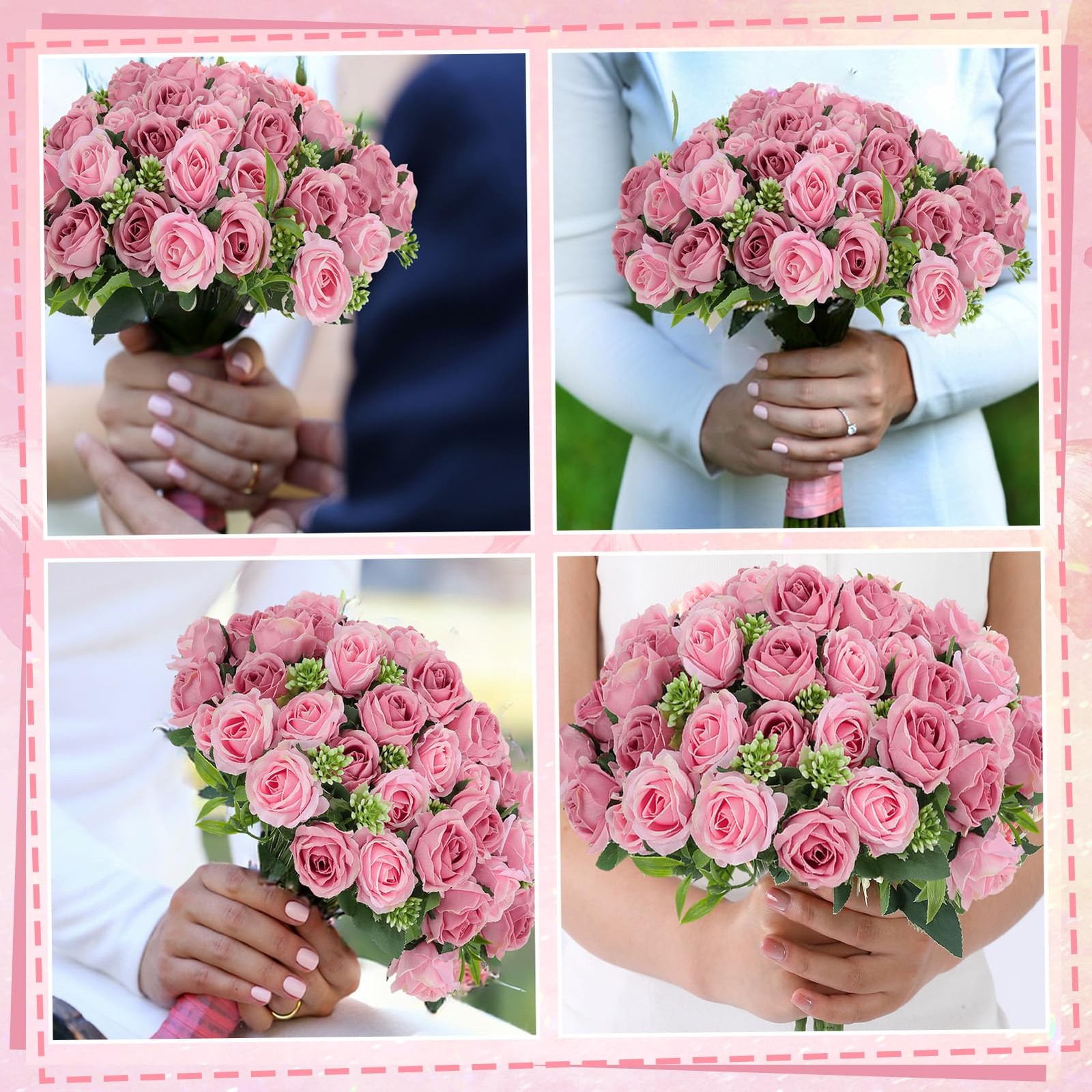 6 Stems 10 Heads Dusty Pink Artificial Silk Roses Bouquets with Leaf Faux Flo…