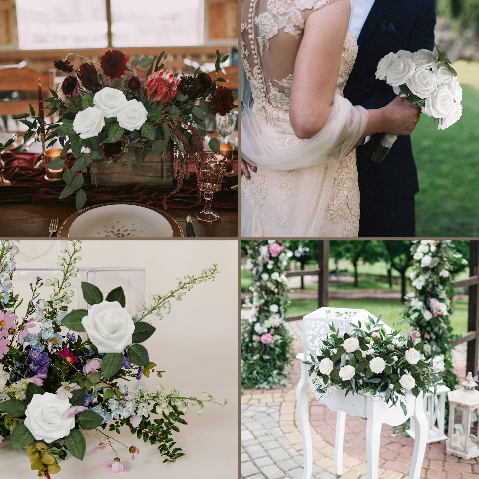 25 PCS White Artificial Flowers Real Looking Foam Fake Roses Wedding Combo