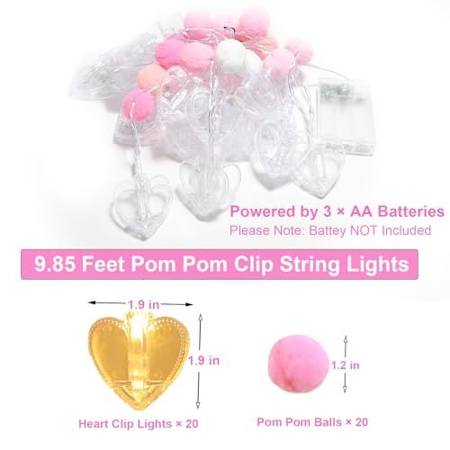 9.85Ft Photo Clip String Lights with 20 Cute Pompoms 20 LED Pink Pom-Heart