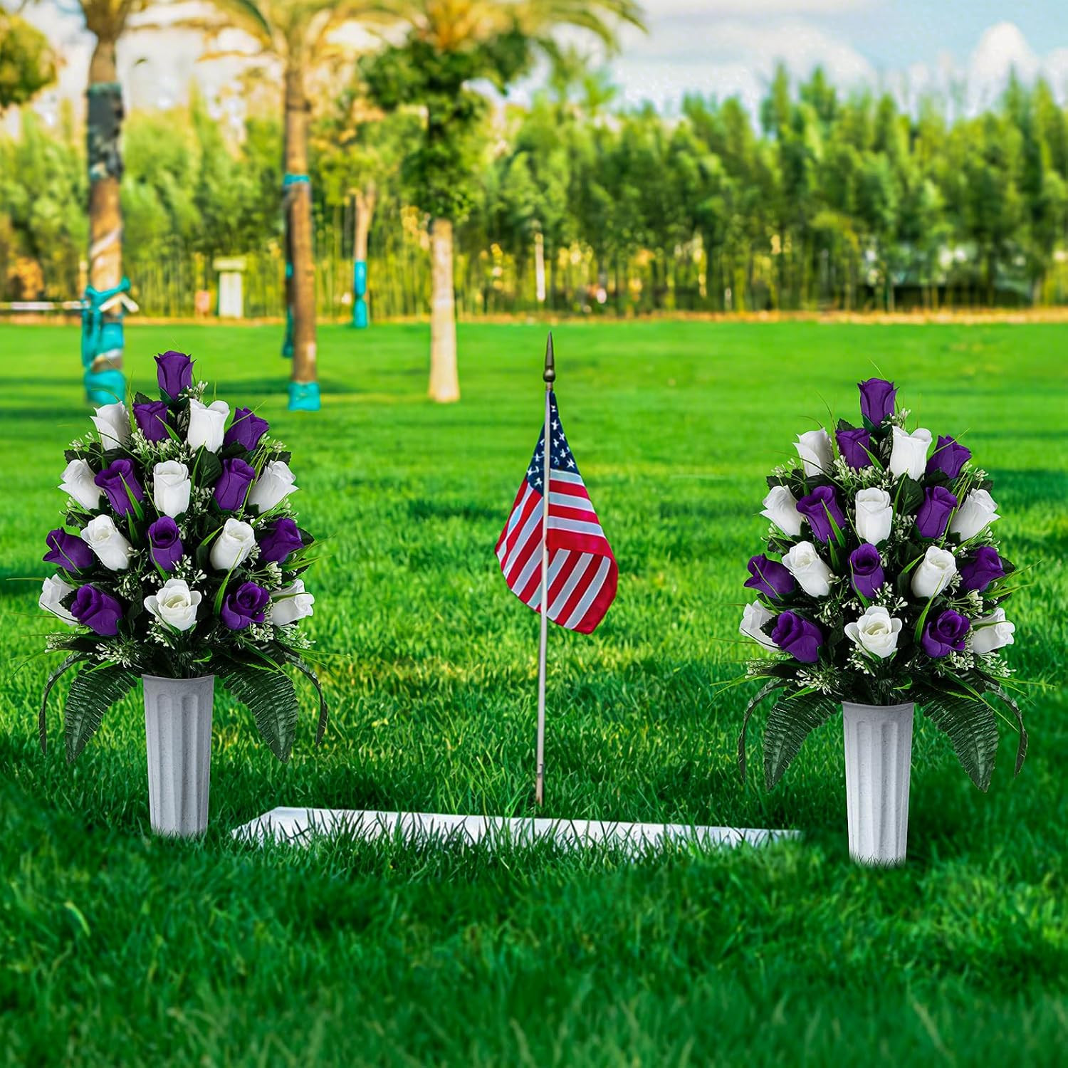 2 Sets Artificial Cemetery Flowers, Grave Decorations Roses, Memorial