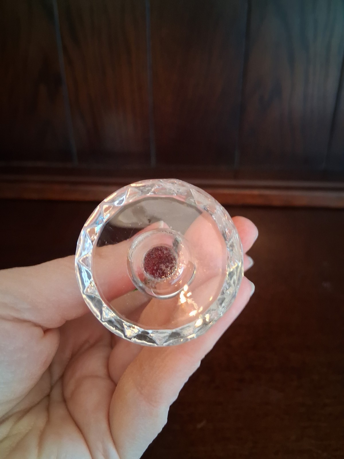 Painted Rosebud With Leaves And Clear Stem And Round Base About 5 Inches Tall