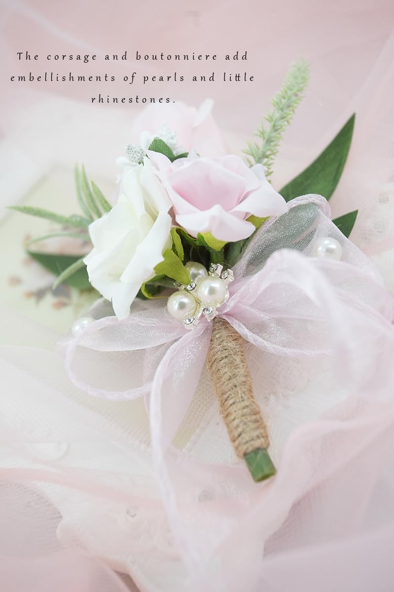 Pink Artificial Rose Flower Corsage and Boutonniere Set for Wedding Prom 1 PCS