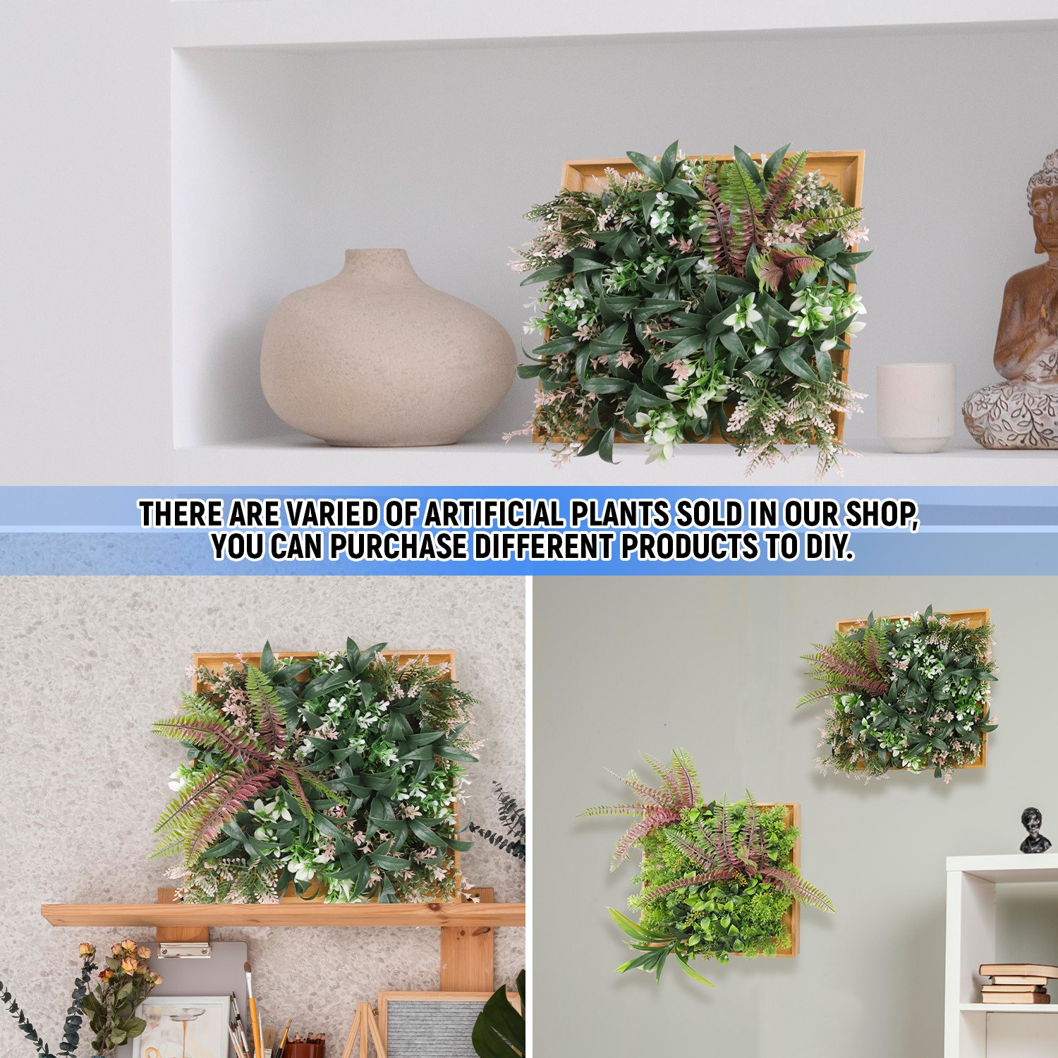 Artificial Plants Wall Hanging Greenery Boxwood in 13in Wood Frame Indoor Decor