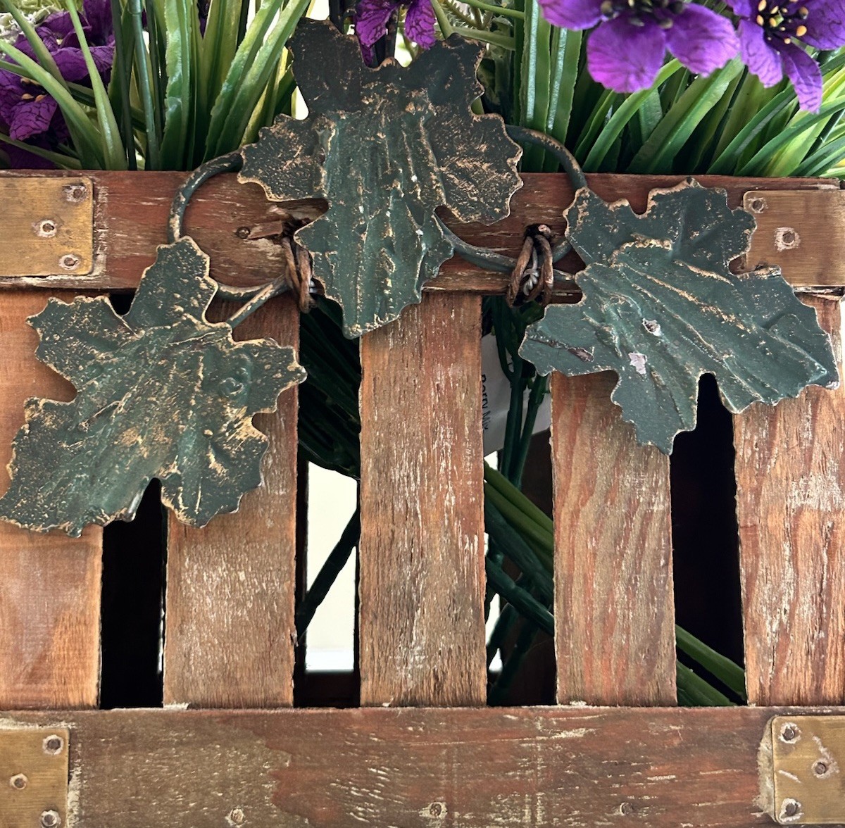 Beautiful Purple & White Floral Arrangement In A Crate With Handle Metal Leaves