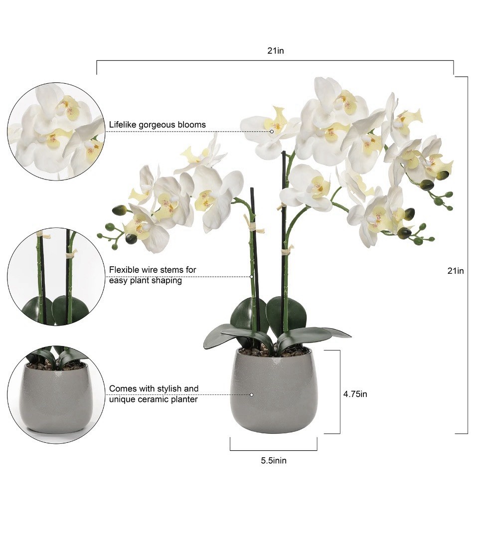 21” Tall Artificial White Orchid Plant In Gray Ceramic Pot Realistic Faux Flower