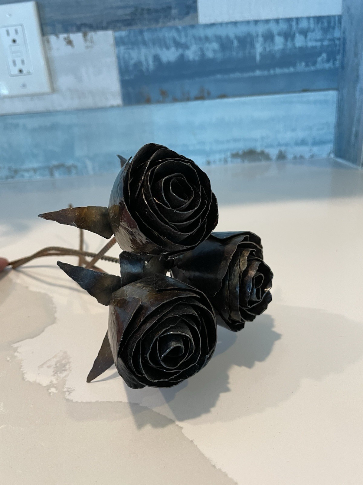 3 Handmade Forged Metal Roses Steel