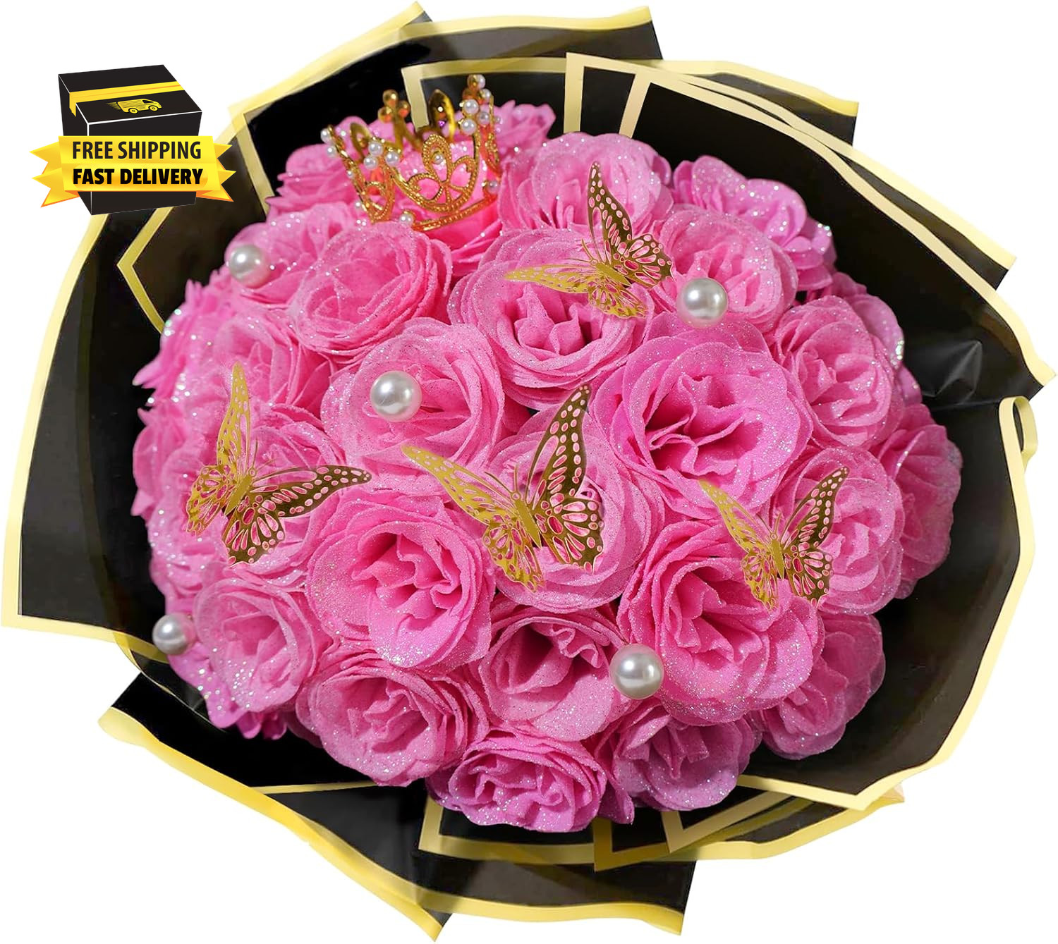 Pink Glitter Roses Bouquet, 24 Pcs Shiny Glitter Flowers Bouquet, Everlasting Ar