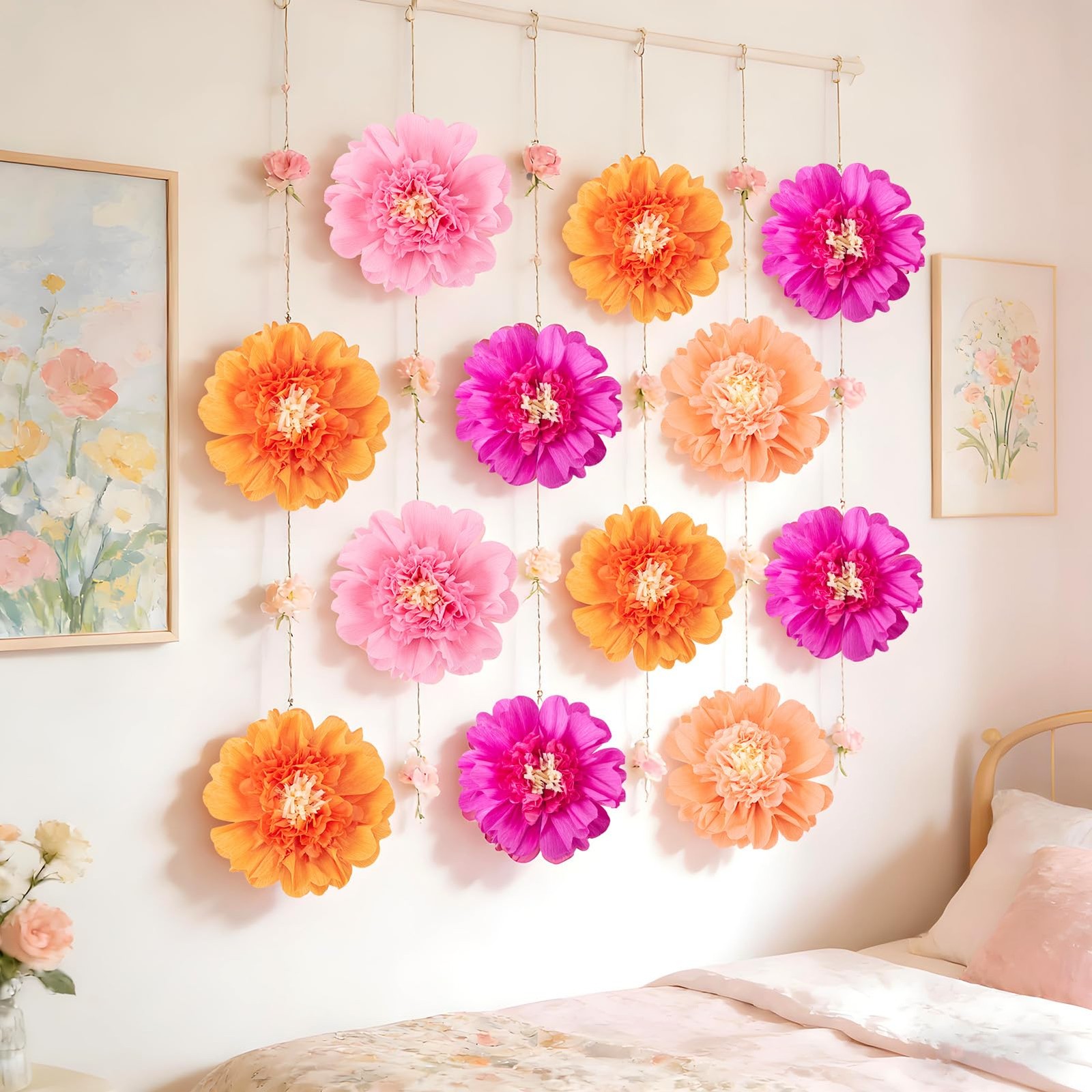 12 PCS 12 Inch Pink Orange Tissue Crepe Paper Flowers Wall Backdrop Party Decor