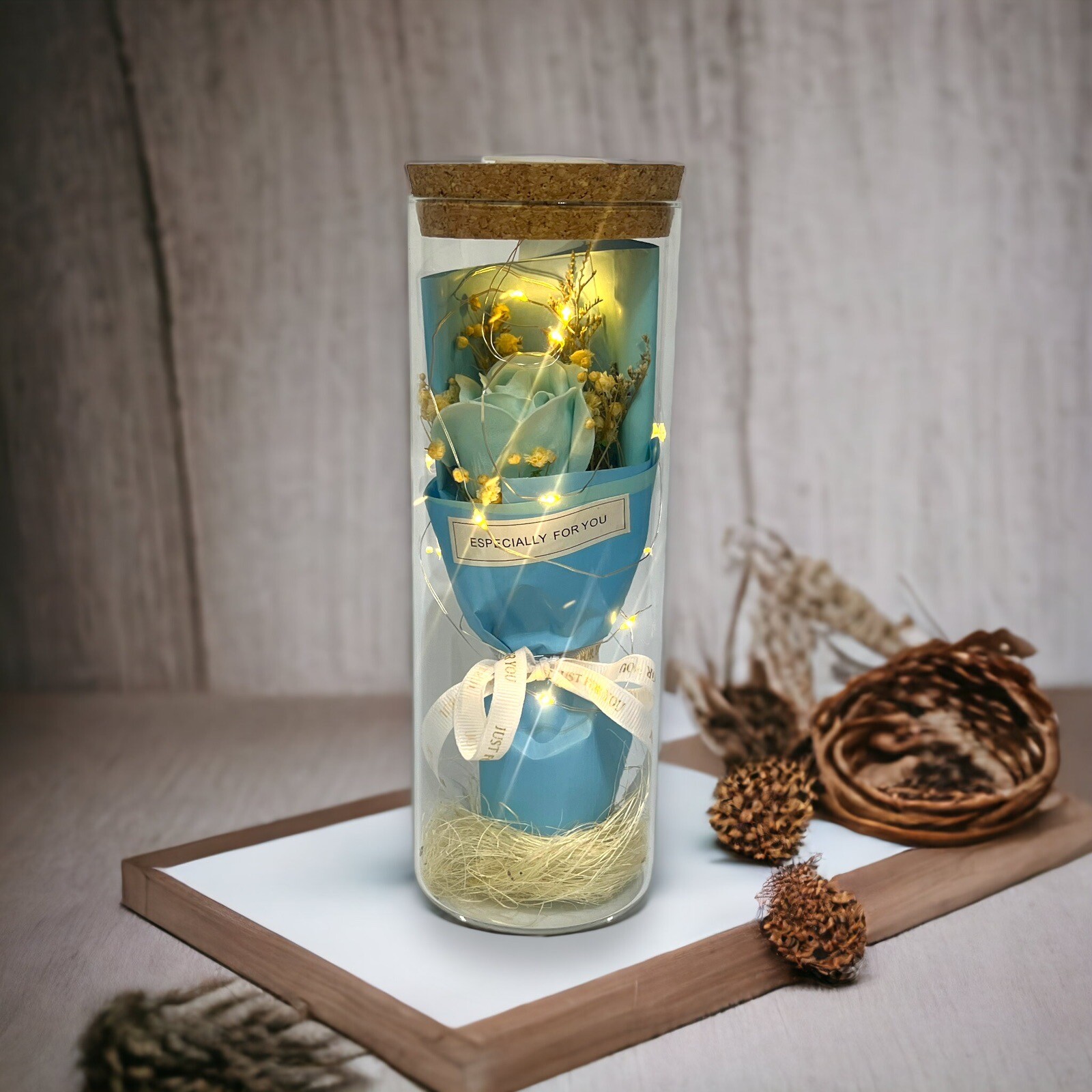 Teal Rose in Glass Dome LED Forever Flower Lamp Enchanted Mothers Day Gift