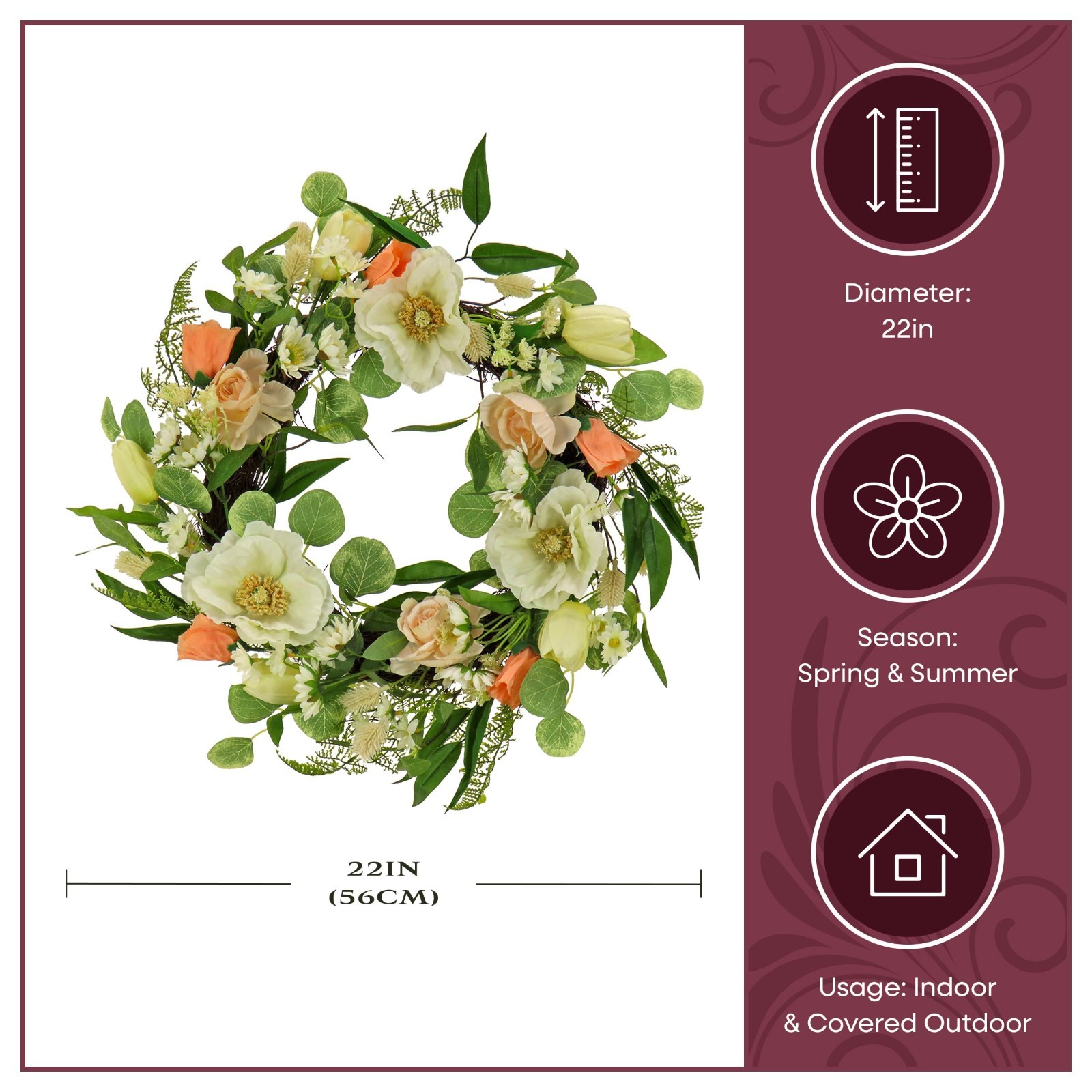 22″ Artificial Spring Wreath with Tulip, Poppy & Buttercup – Realistic Floral De