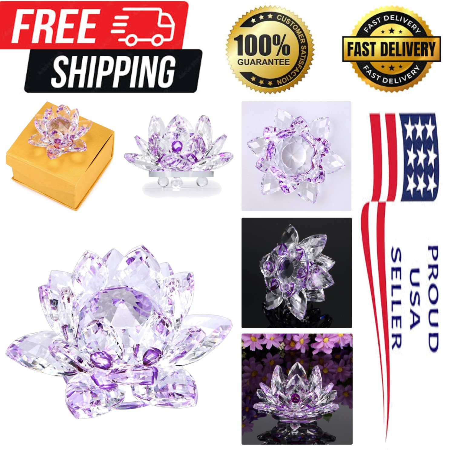 Sparkle Crystal Lotus Flower Hue Reflection Feng Shui Home Decor with Gift Bo…