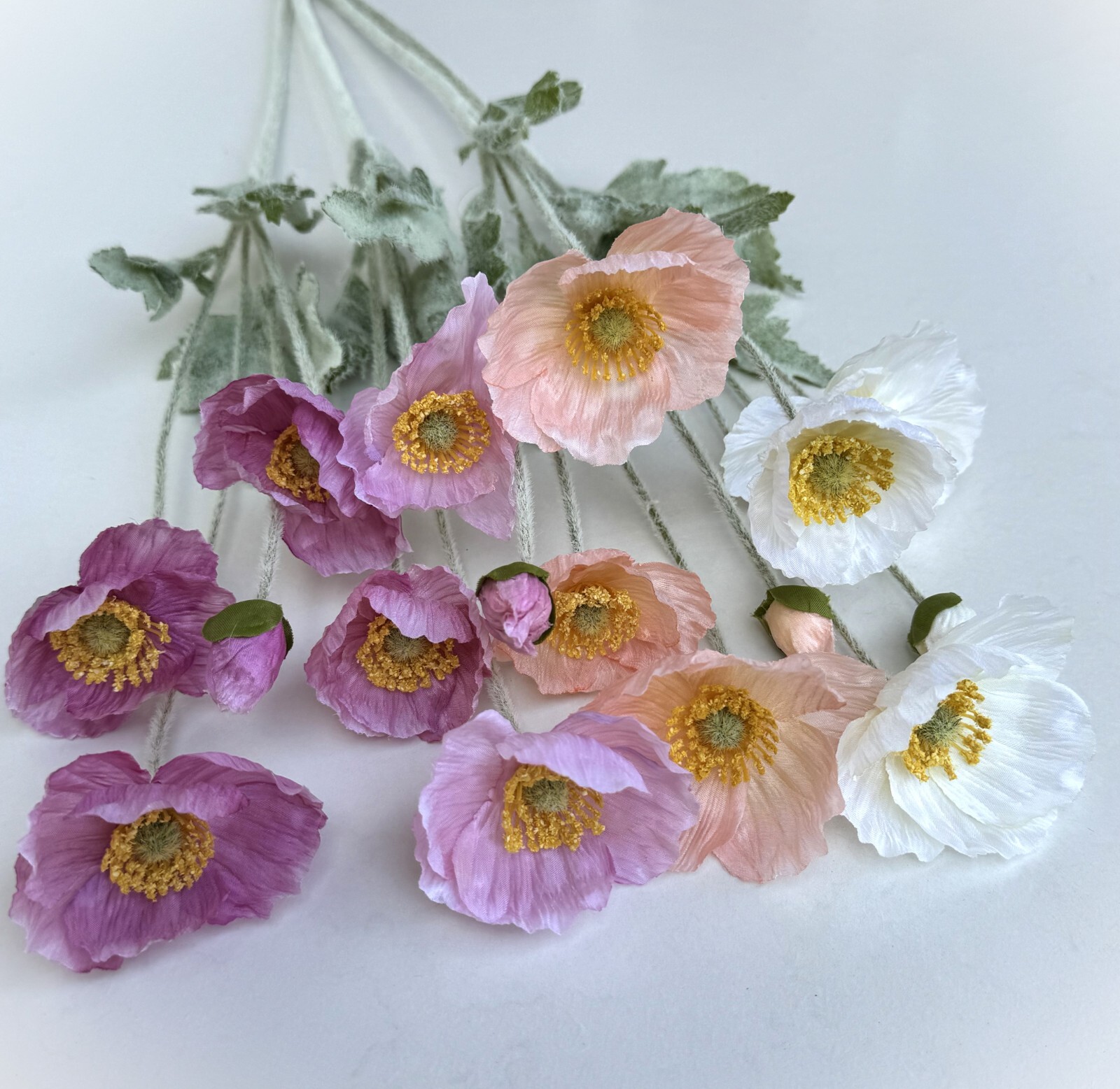Poppy Flower Stem Faux Silk Poppies Peach Cream Pink Spring Wildflower Stems x 1