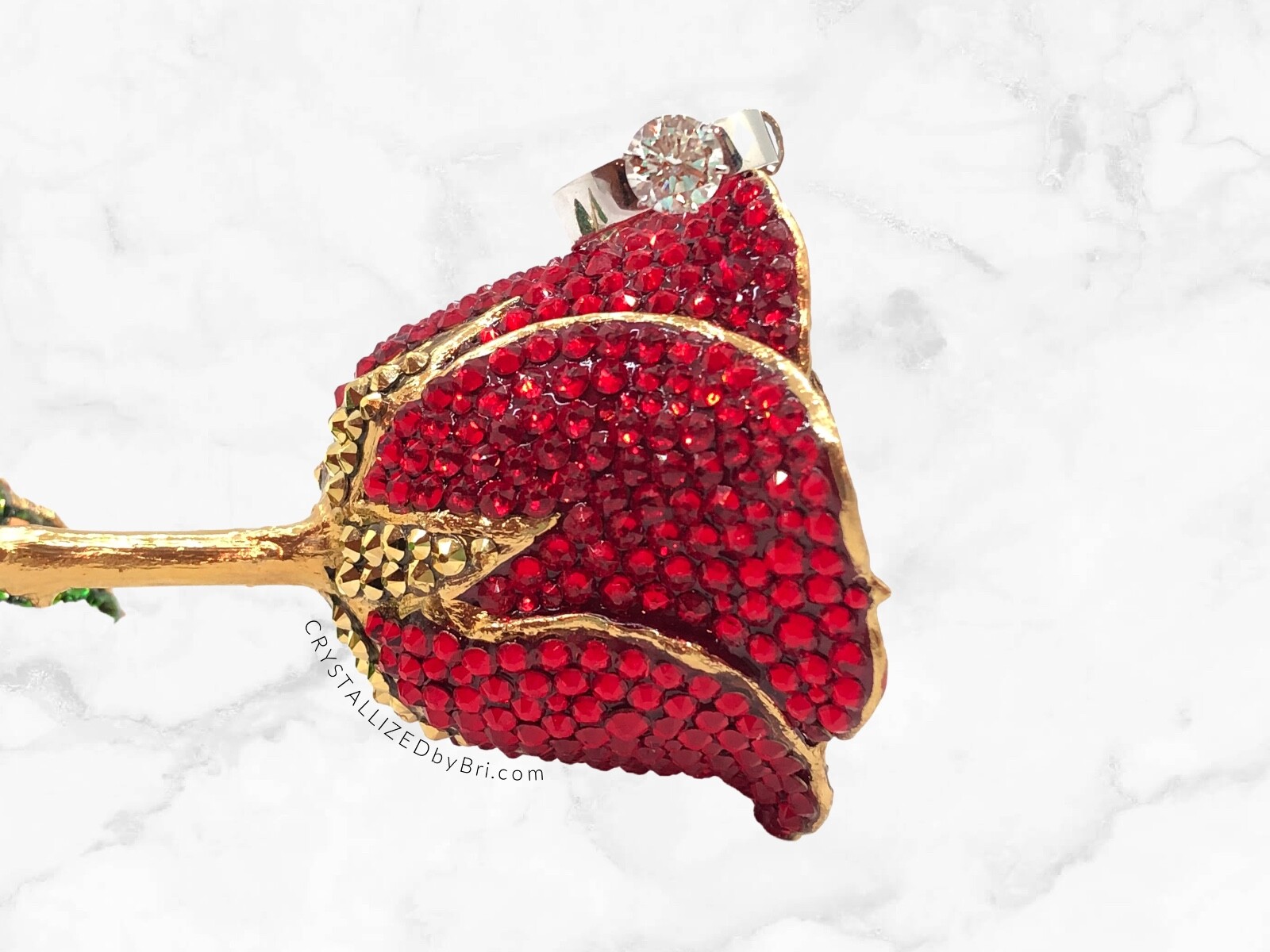 Bling Preserved Rose AUSTRIAN CRYSTAL Red Bedazzled Real Gold Trim Dipped Custom