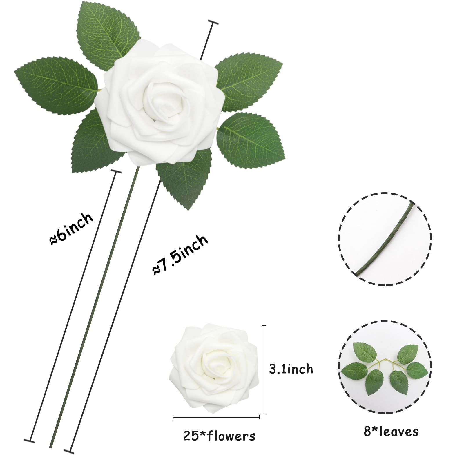 25 PCS White Artificial Flowers Real Looking Foam Fake Roses Wedding Combo