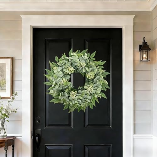 24 Inch Artificial Eucalyptus Fern Wreath, Lush All Year Round Greenery for
