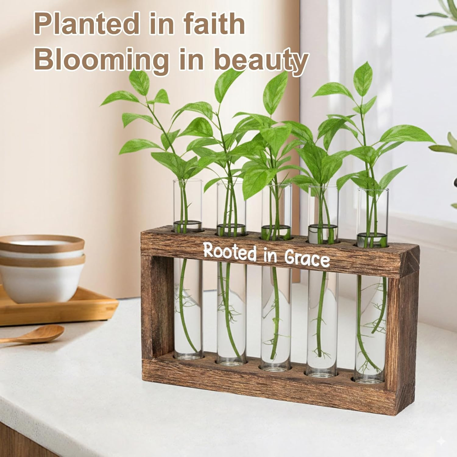 Rooted in Grace Plant Propagation Station – Wooden Stand with 5 Glass Vases, Fai