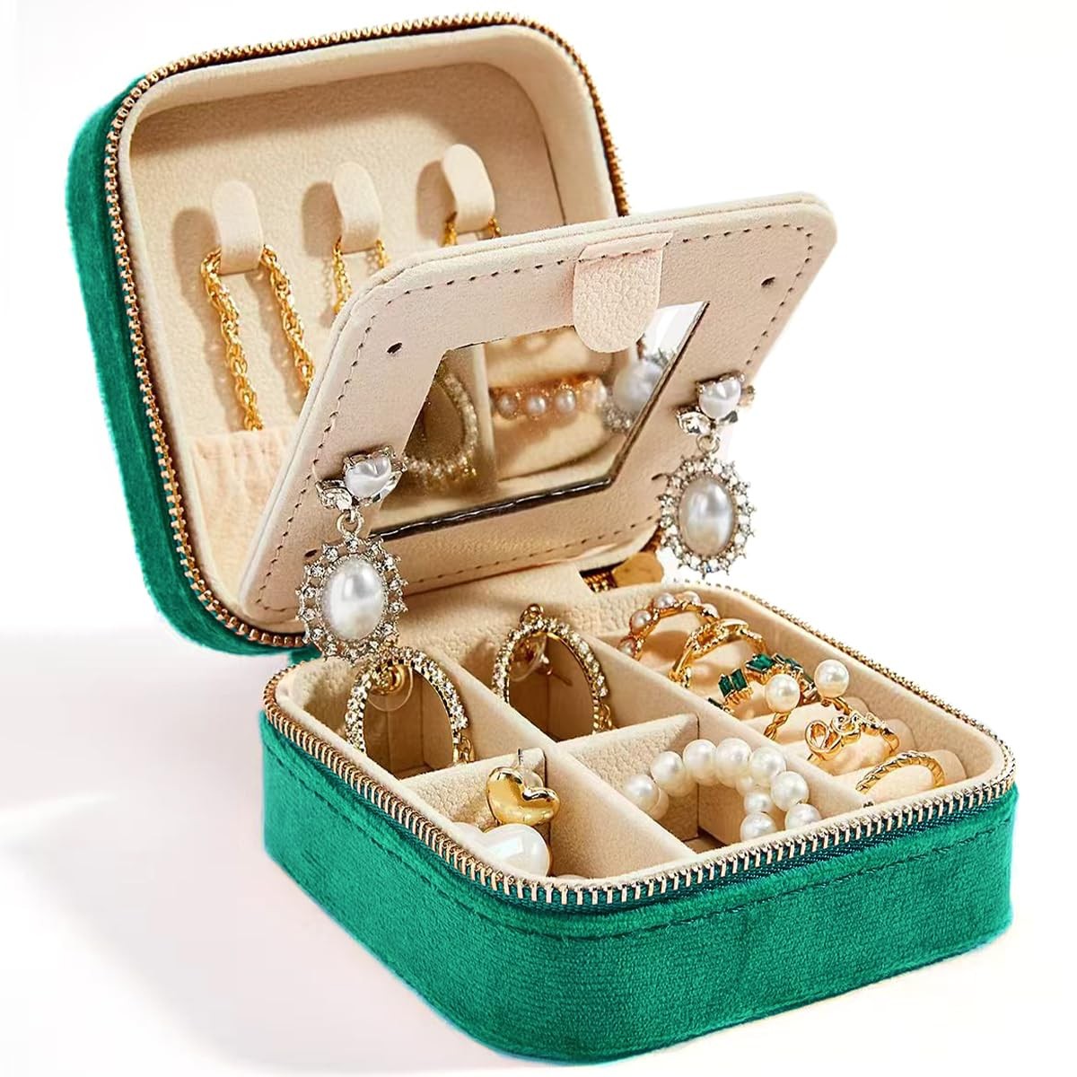 Travel Velvet Jewelry Box with Mirror, Mini Gifts Case for PlushVelvet-Green
