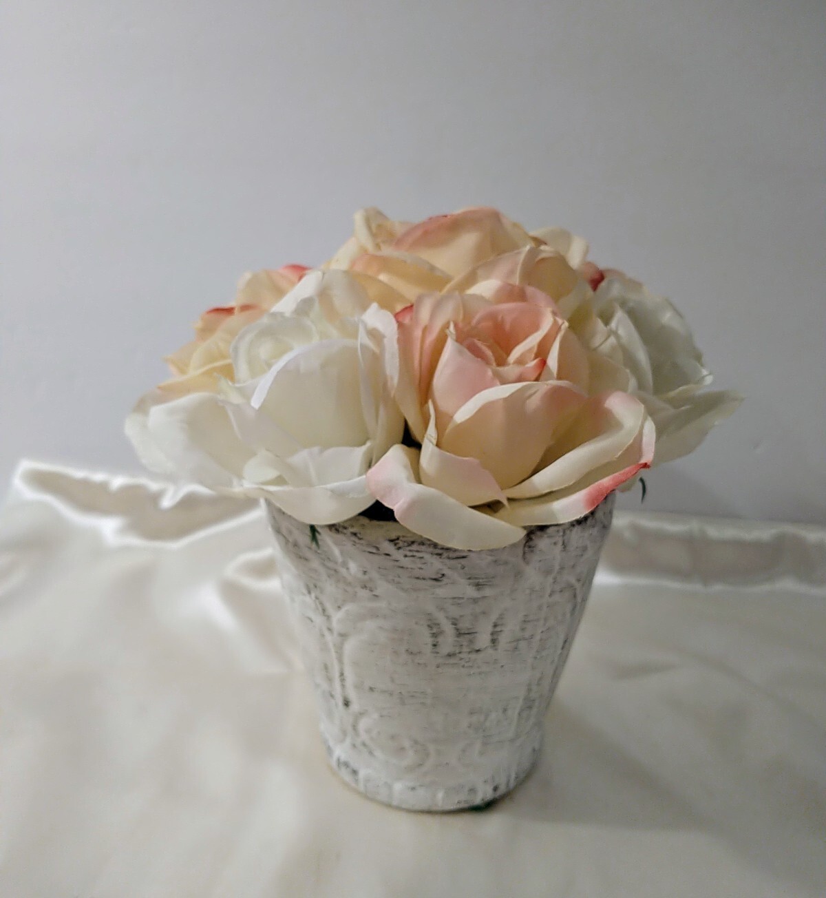 Roses Pottery Pot White & Pink Flowers Artificial Shabby Chic Decor 8″ x 7″