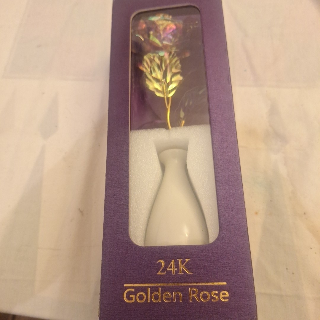 24K Gold Plated Golden Rose in Purple Box 9″ With White Vase