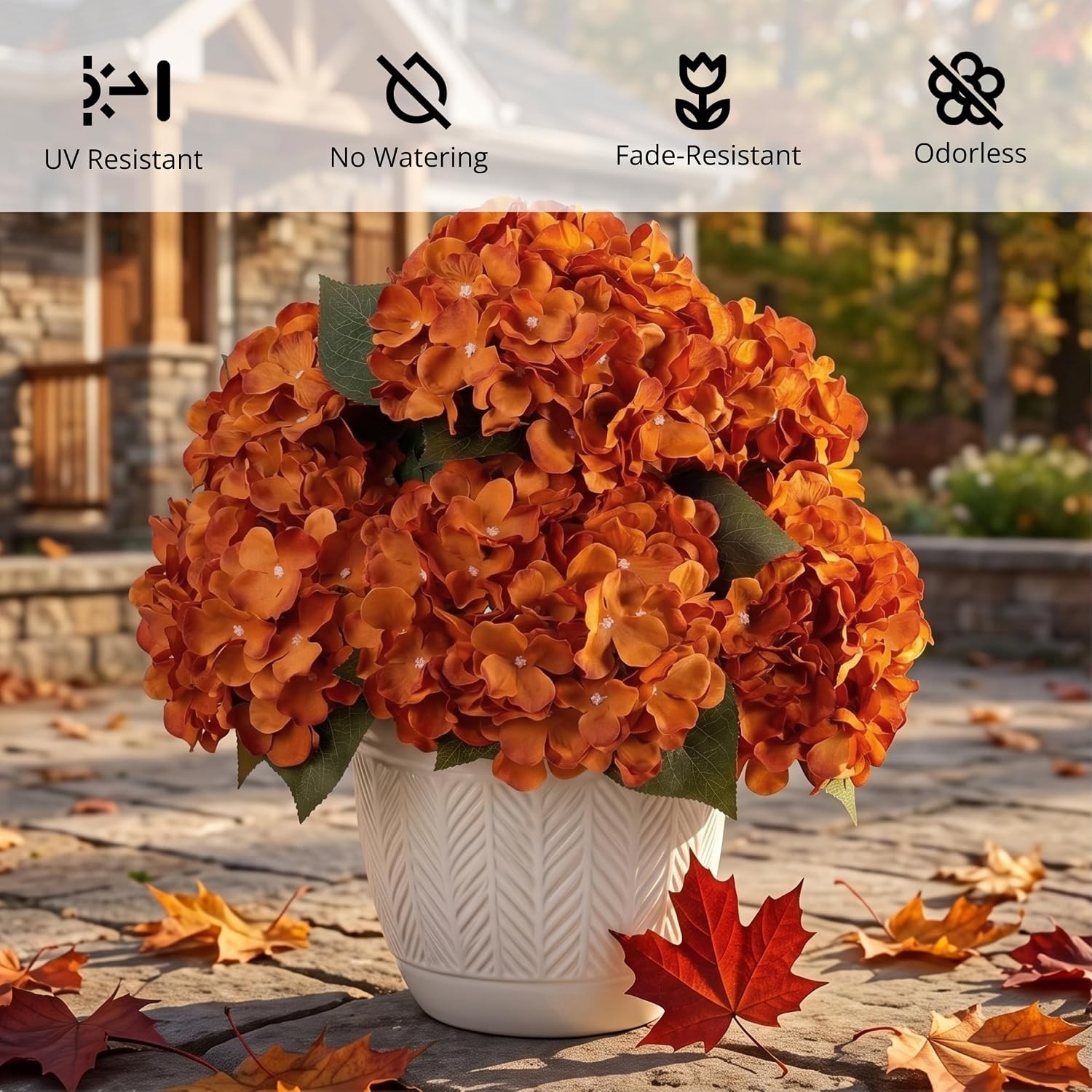 Bulk 12 Orange Artificial Hydrangeas – Waterproof, Zero Maintenance Fall Decor