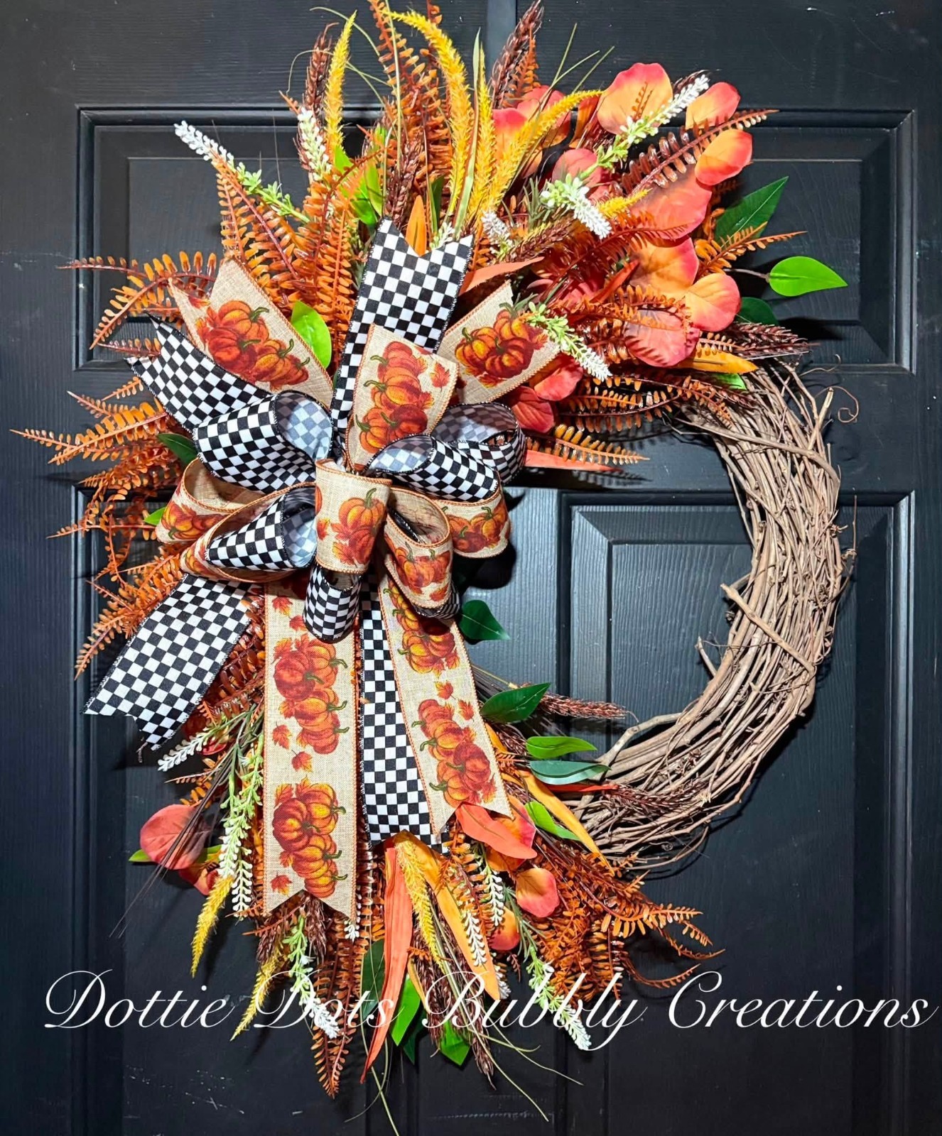 Handmade Fall Black & White Checkered Pumpkin Fern Wreath, Autum Decor, Seasonal
