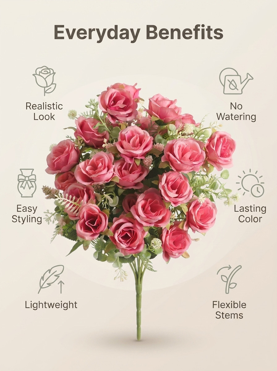 Artificial Rose Bouquet Set of 3 Pink Silk Flowers Wedding Home Decor 12in