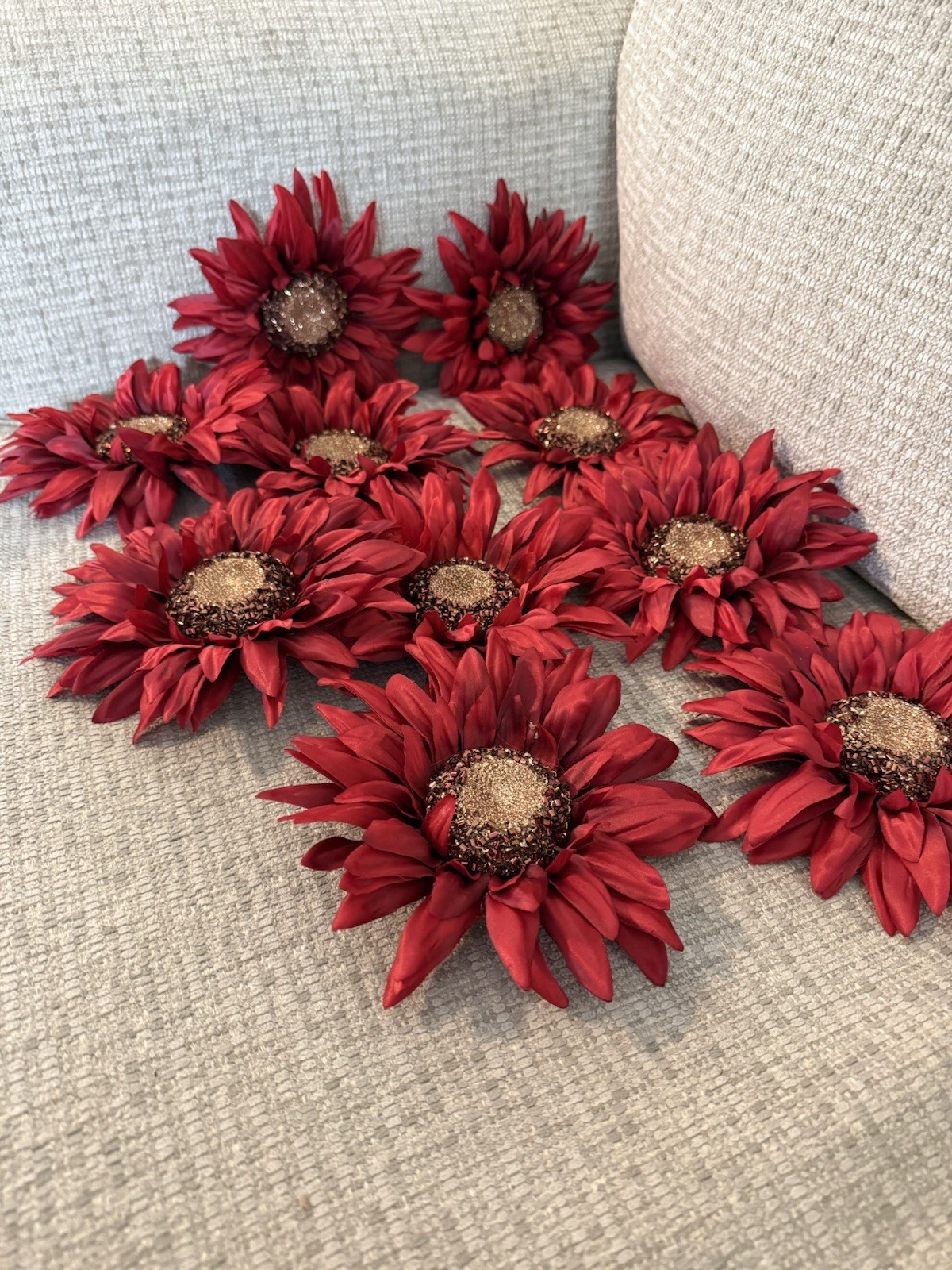 Sunflowers Medium Size Red/Burgundy Bloom Tops NO Stems 7 Inch Rhinestone (10)