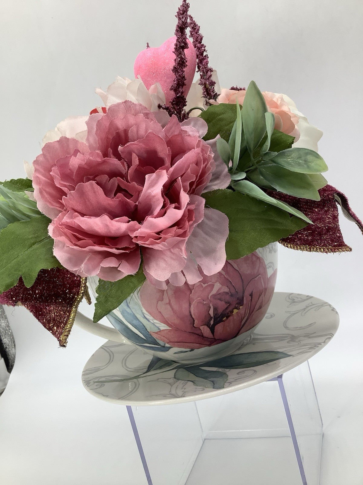 Handmade Valentines Day Pink Tea Cup Floral Arrangement