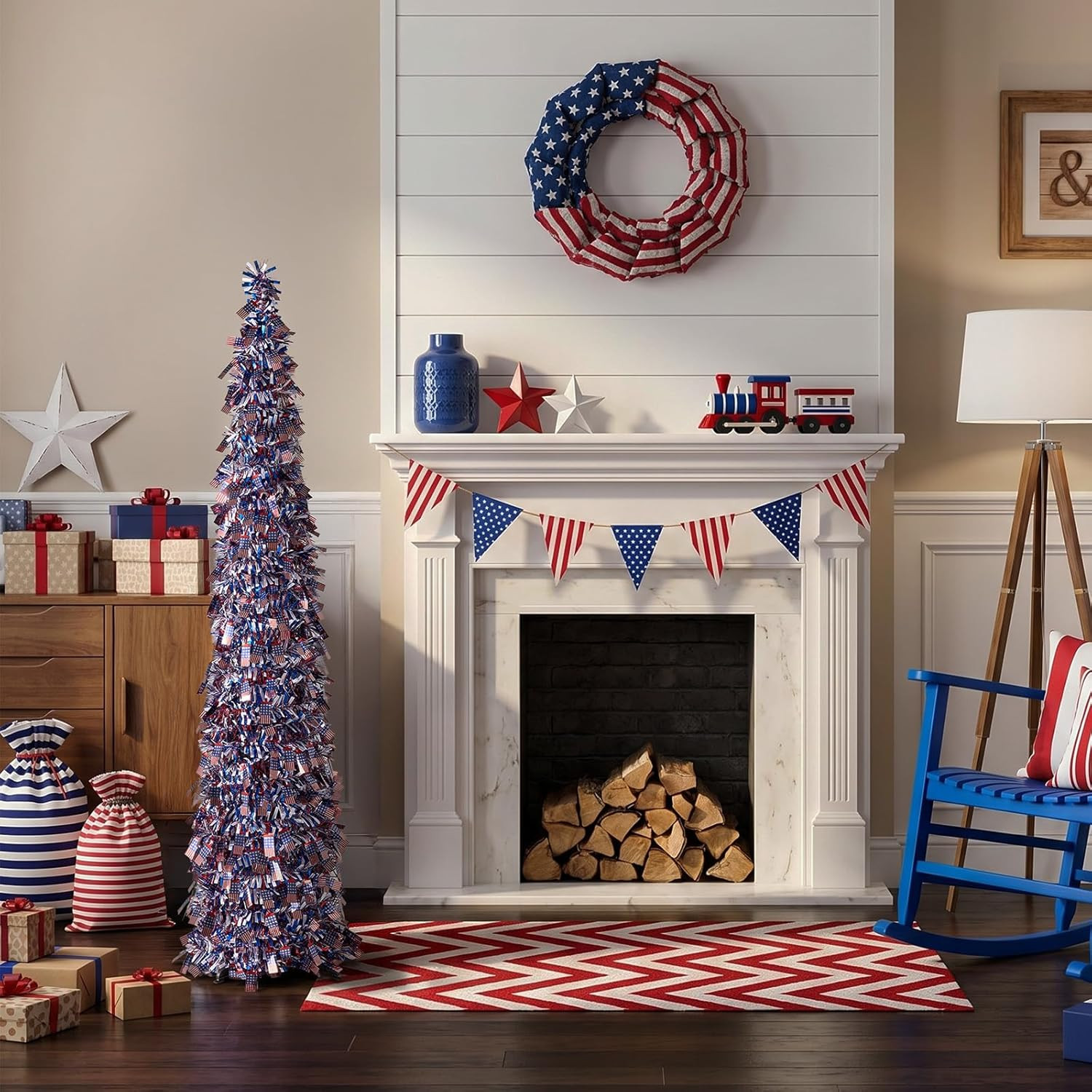 Verinatural 5FT Pop up 4Th of July Decorations Patriotic Tinsel Tree – USA Theme