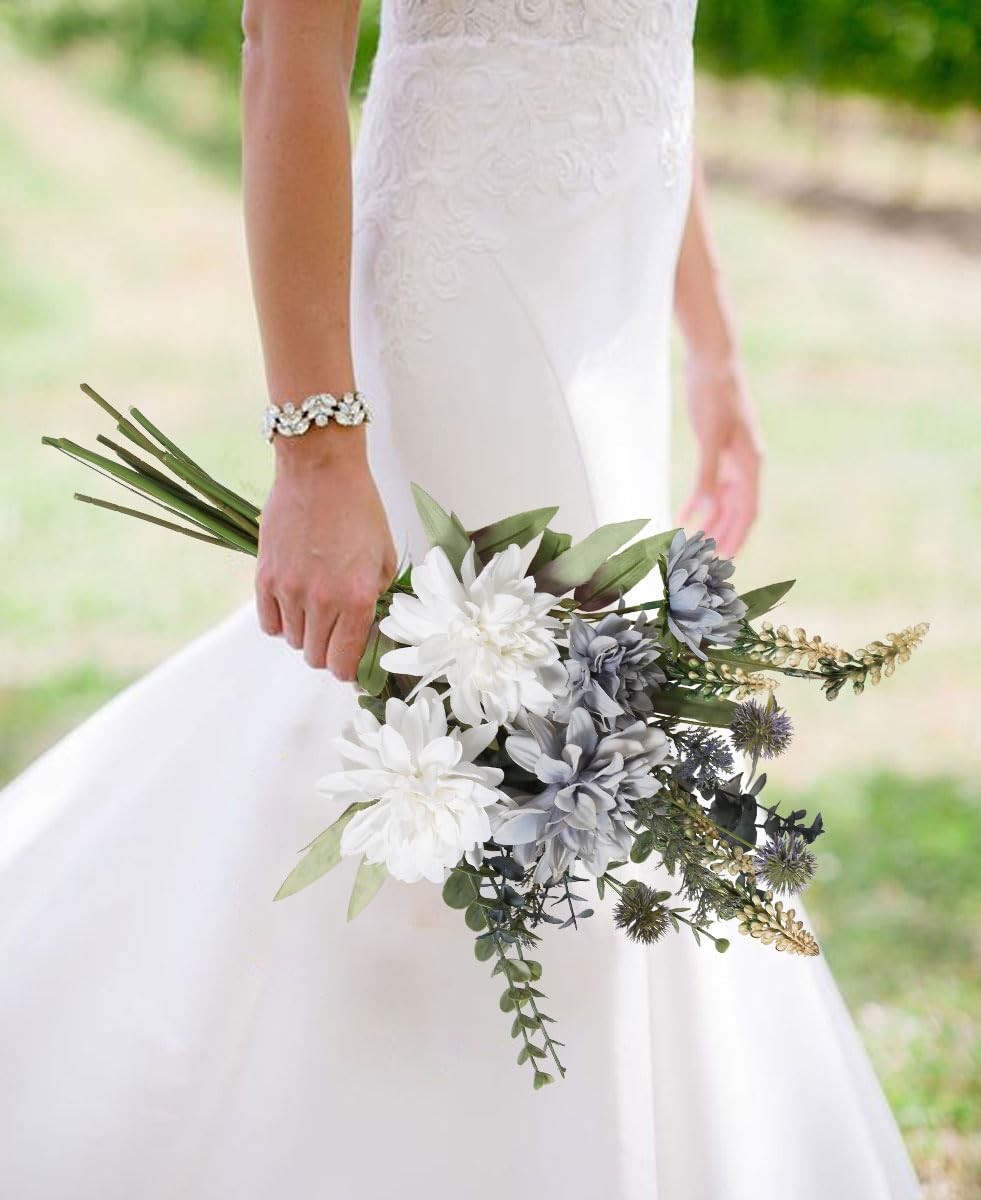 White Grey Silk Artificial Fake Faux Flower Bouquet For Vase Table Decor