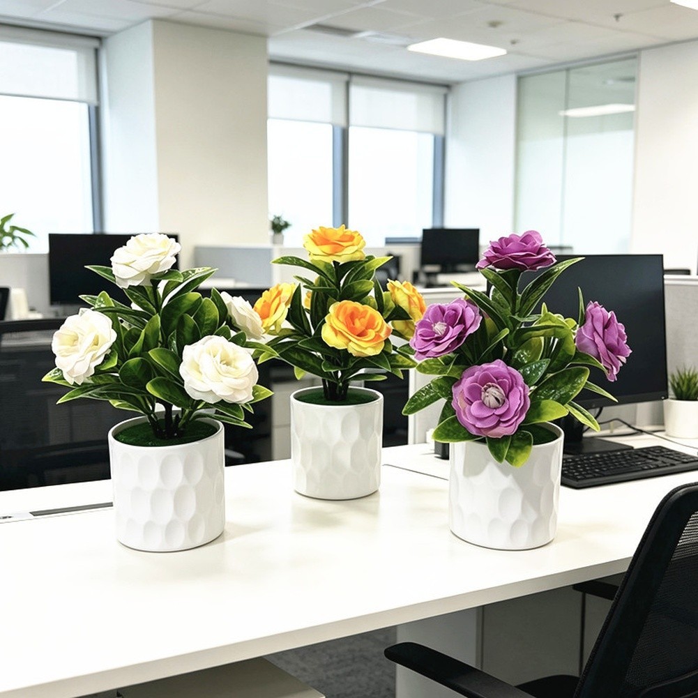 Silk Plant with 5 Realistic Blooms in White Pot for Office Desk Use