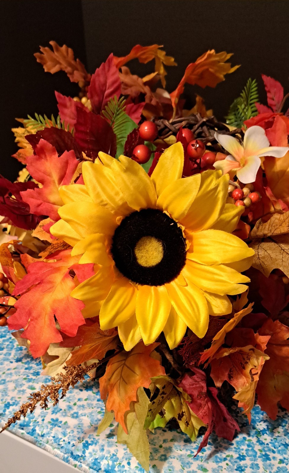 Fall Bouquet In Grapevine Basket Silk flowers Leaves And Berries 17″ X 18″ X 10″