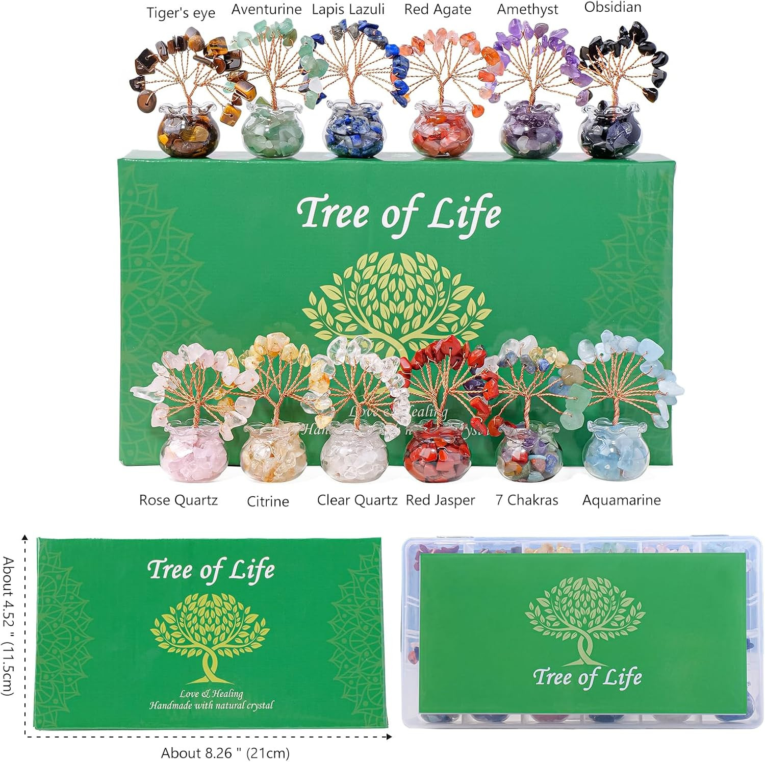 12Pcs Chakra Crystal Tree Set – Fengshui Money Tree with Gemstones, Glass Base,